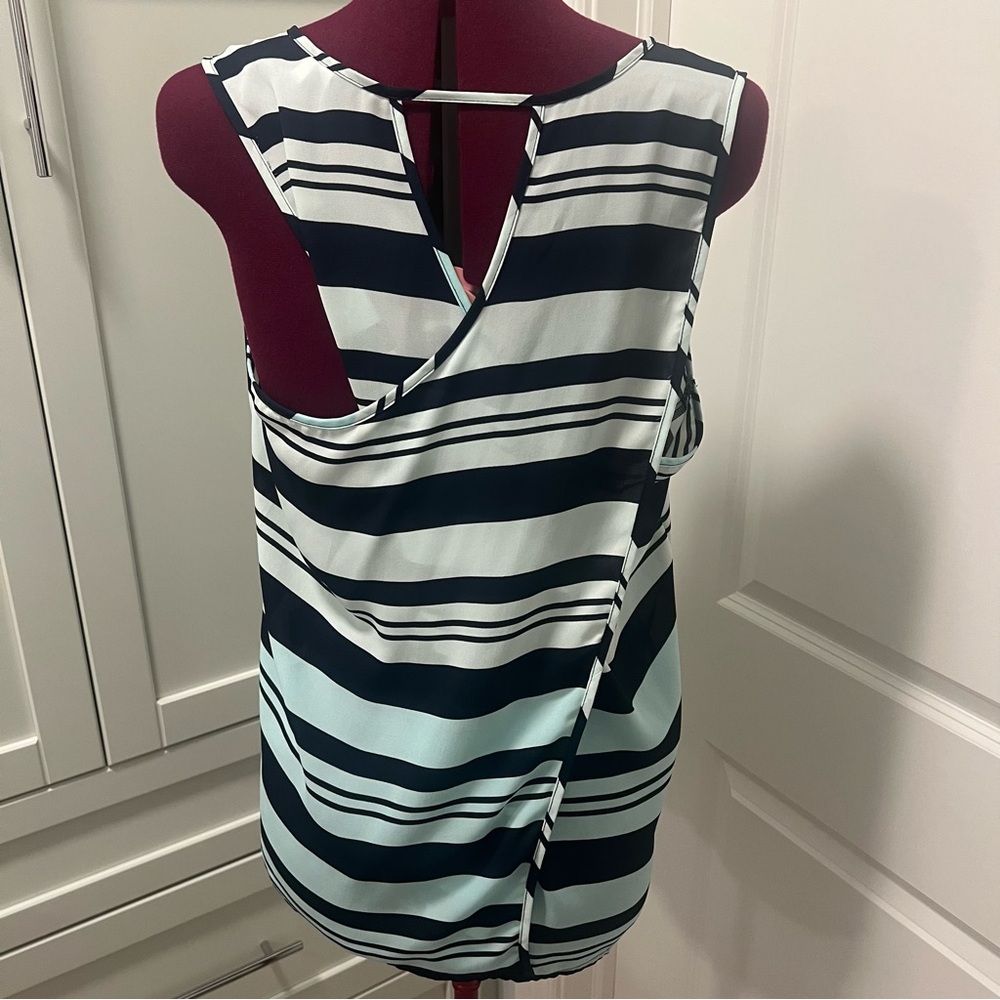 REITMAN'S Unique Back Foldover Striped Sleeveless Top - Blue White Navy Size L